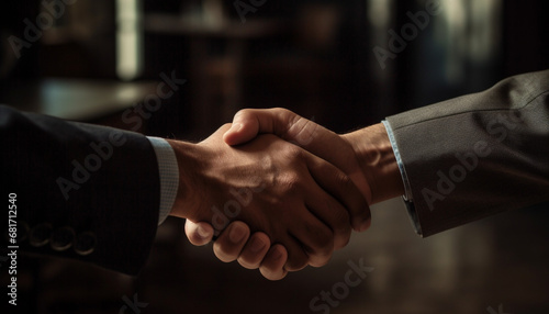 Businessmen shaking hands in agreement, congratulating success in partnership generated by AI