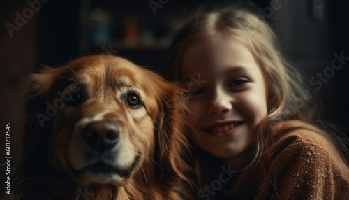 Cute girl smiling with her pet puppy, embracing love together generated by AI