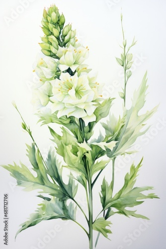 Artemisia flowers serenade in watercolor, a symphony of delicate hues painted on a canvas of pure white serenity.