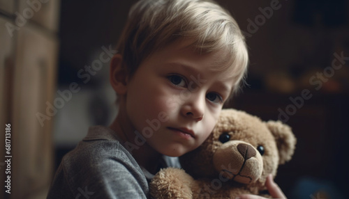 Cute Caucasian toddler holding teddy bear, looking at camera happily generated by AI