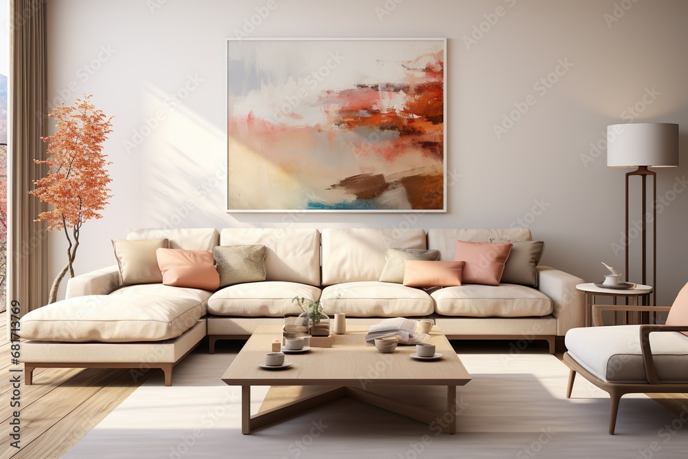 Living room with a soft feel in ivory and light brown tones - obrazy, fototapety, plakaty 