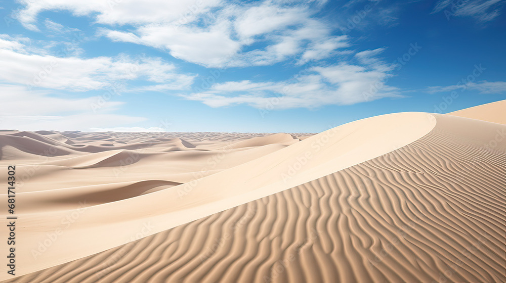 Pristine sand dunes, windswept patterns narrating tales of the ever-changing beach AI generative Pristine sand dunes, windswept patterns narrating tales of the ever-changing beach AI generative