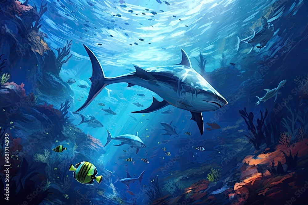 Fototapeta premium Underwater scene with shark and corals. 3d illustration, The underwater wild world with tuna fishes, AI Generated