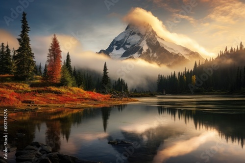 Mount Rainier National Park, Washington, United States of America, View from Picture lake of Mount Shuksan while the sunrise breaks through a incoming storm during the fall season, AI Generated photo