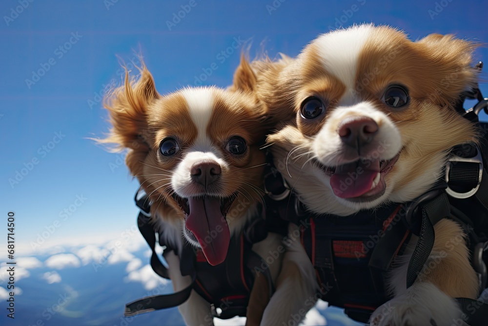 Two chihuahua dogs on the top of the mountain, Tibetan Spaniel puppies skydiving french alps, AI Generated Two chihuahua dogs on the top of the mountain, Tibetan Spaniel puppies skydiving french alps, AI Generated