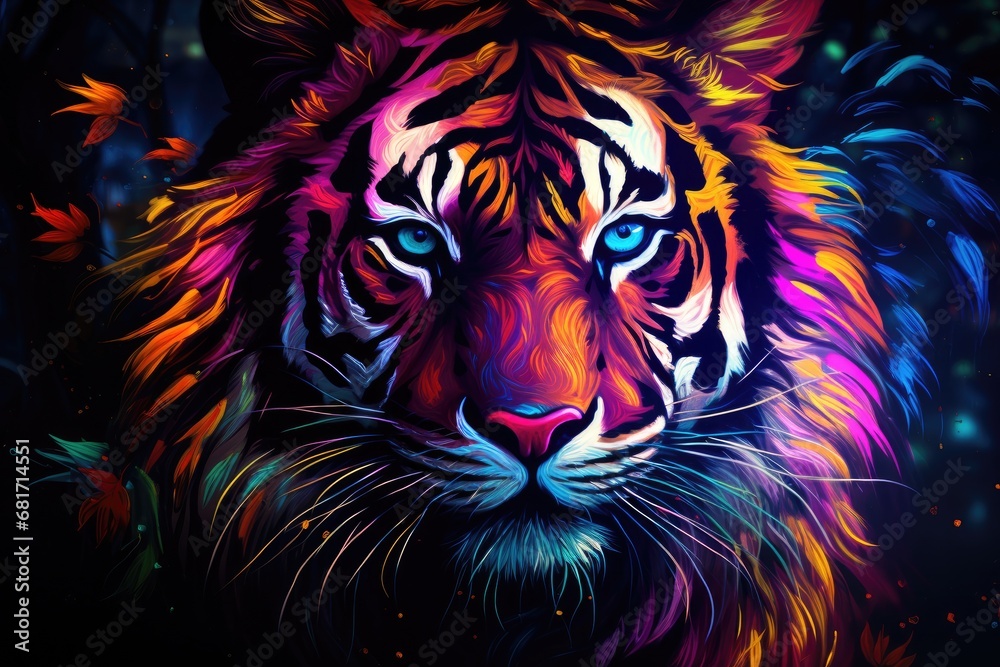 Tiger portrait with multicolor lights on dark background, digital illustration, Tiger. Abstract, multicolored, neon portrait of a tiger looking forward, AI Generated