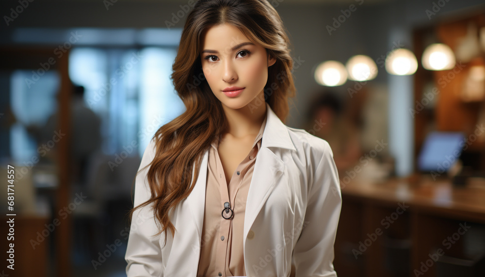 Young woman, confident and beautiful, standing in office, looking at camera generated by AI