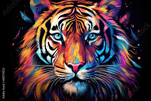 Tiger head with abstract colorful background. Vector illustration. Psychedelic design  Tiger. Abstract  multicolored  neon portrait of a tiger looking forward  AI Generated