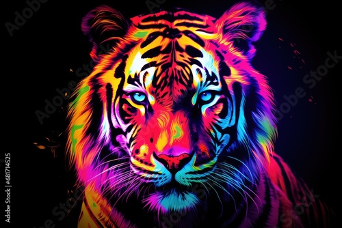 Tiger head in the colorful lights. Illustration of a tiger, Tiger. Abstract, multicolored, neon portrait of a tiger looking forward, AI Generated