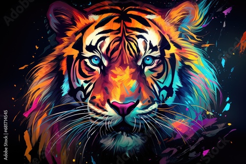 Tiger Face with Colorful Paint Splashes. Abstract Background, Tiger. Abstract, multicolored, neon portrait of a tiger looking forward, AI Generated photo