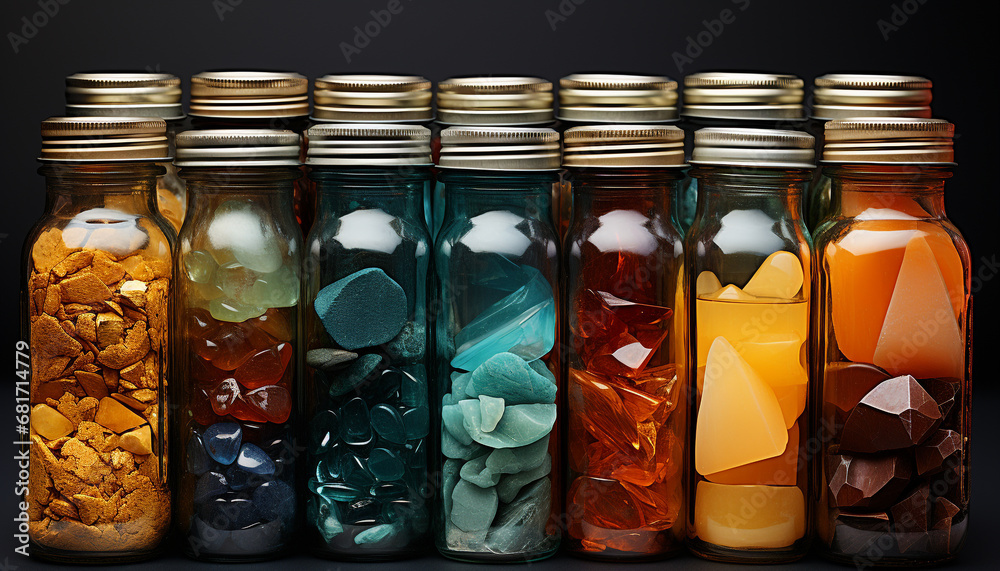 Multi colored capsule bottle, yellow container, pill healthcare collection generated by AI Multi colored capsule bottle, yellow container, pill healthcare collection generated by AI