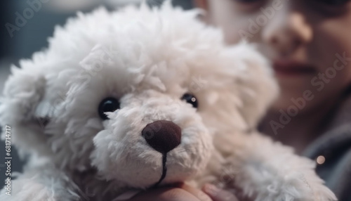 Child embraces fluffy puppy toy, pure love and innocence shown generated by AI © Jeronimo Ramos