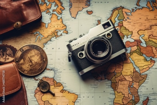 Vintage camera on old map background. Travel and adventure concept, Top view travel concept with retro camera films, map and passport on blue background with copy space, AI Generated