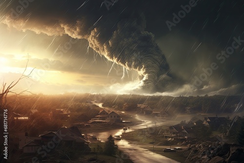 Storm in the village at night. Dramatic sky with clouds, Tornado disaster concept, AI Generated photo