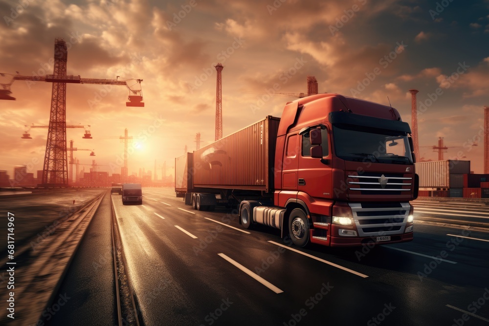 Truck on the road with cargo container background. Freight transportation concept, Transportation logistics, AI Generated