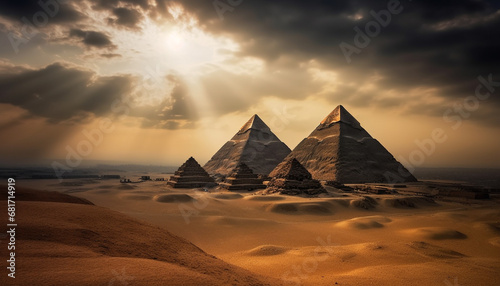 Majestic pyramid shape in ancient Egyptian landscape  a tourism adventure generated by AI