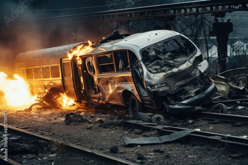 Burning car on the railway tracks. Burned train after a fire, Train crashes in car, AI Generated