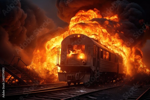 Burning train at railway station. Burning train in the night, Train on fire, disaster, AI Generated photo