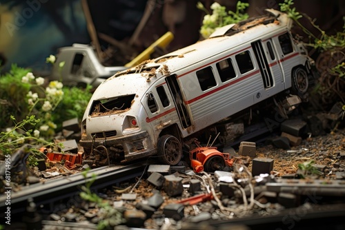 Abandoned railroad tracks with toy cars. Selective focus, Train crashes in car, AI Generated