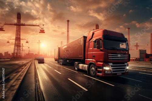 Truck on the road with cargo container background. Freight transportation concept, Transportation logistics, AI Generated