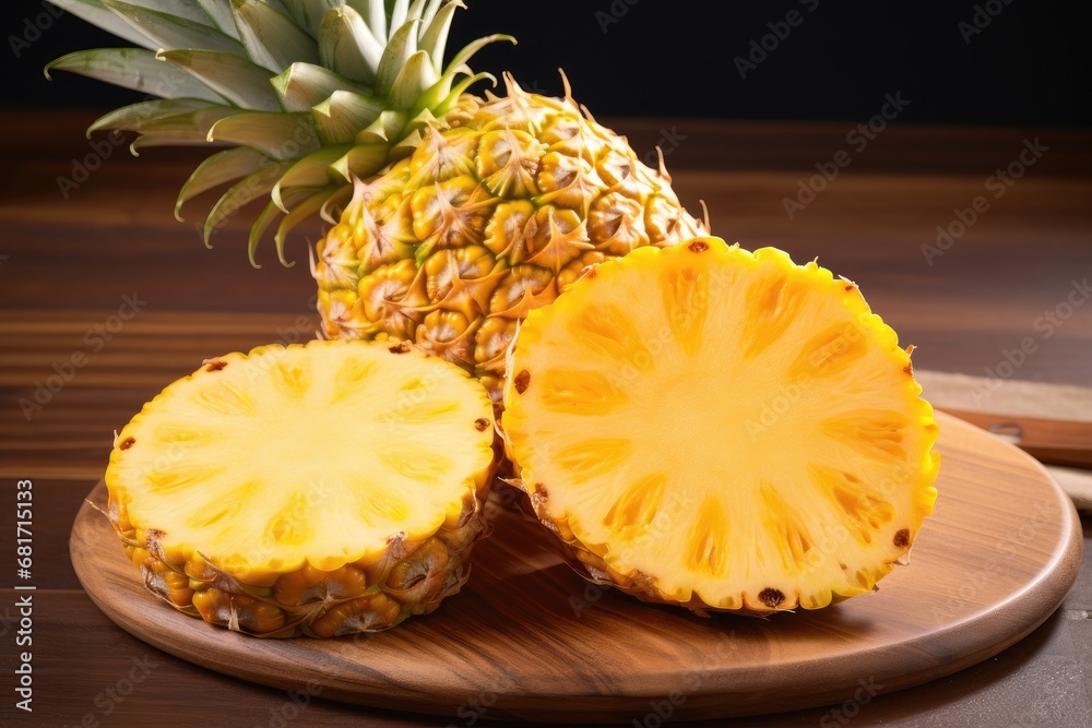 Pineapple slices on a wooden cutting board on a dark background, Tropical delight Behold the pineapple, AI Generated Pineapple slices on a wooden cutting board on a dark background, Tropical delight Behold the pineapple, AI Generated