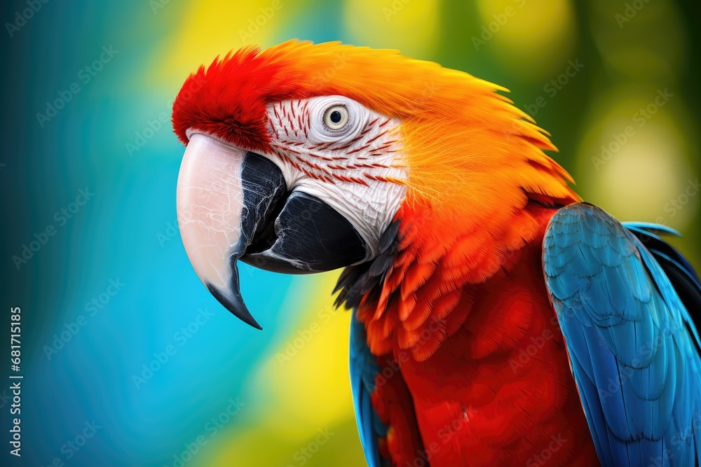 beautiful Scarlet macaw parrot on colorful background, close up, Tropical macaw perched, vibrant feathers in focus, AI Generated