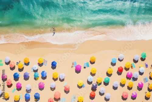 Aerial view of people relaxing on beautiful tropical beach. Summer vacation concept, Tropical beach with colorful umbrellas - Top down aerial view, AI Generated