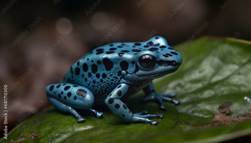Obraz premium Spotted poison arrow frog sitting on leaf in tropical rainforest generated by AI