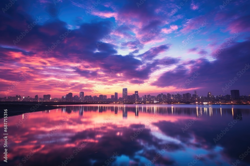 Beautiful sunset over the lake with cityscape and reflection in water, Twilight sky at han river in seoul city south Korea, AI Generated