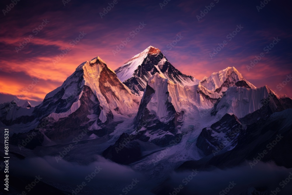 Beautiful mountain landscape at sunset in Himalayas, Nepal, Twilight sky over Mount Everest, Nuptse, Lhotse and Makalu, in the Nepal Himalaya, AI Generated - obrazy, fototapety, plakaty 
