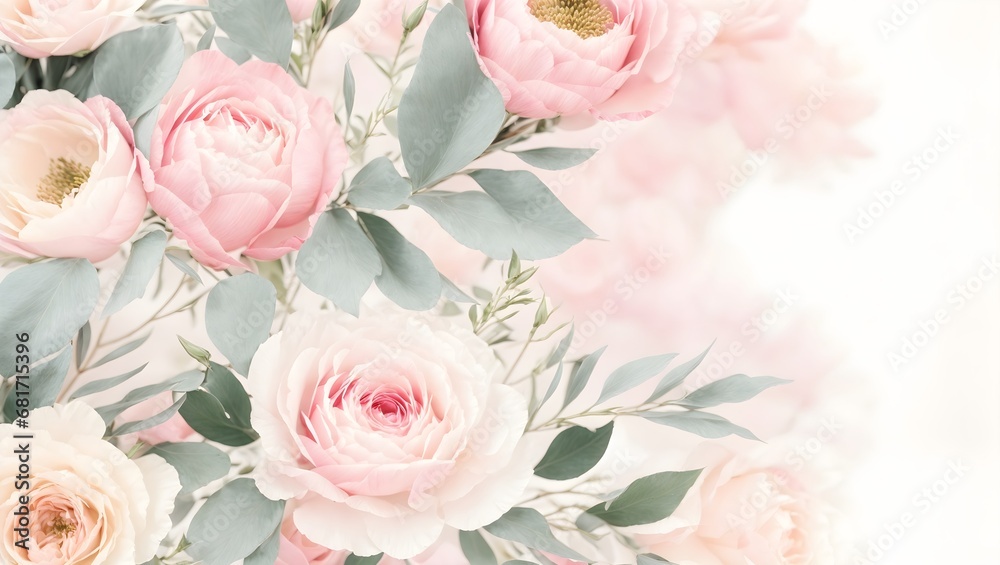 Watercolor Painting Banner, Background. Breathtaking Bouquet Of Delicate Pink Flowers.	