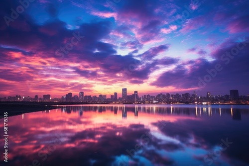 Beautiful sunset over the lake with cityscape and reflection in water, Twilight sky at han river in seoul city south Korea, AI Generated