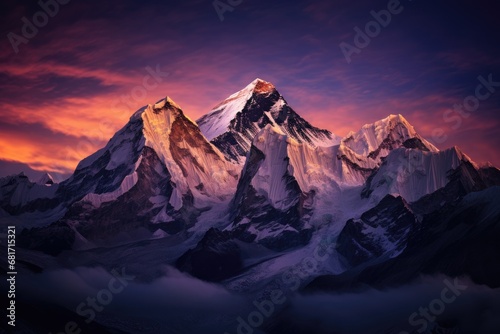 Beautiful mountain landscape at sunset in Himalayas, Nepal, Twilight sky over Mount Everest, Nuptse, Lhotse and Makalu, in the Nepal Himalaya, AI Generated © Iftikhar alam