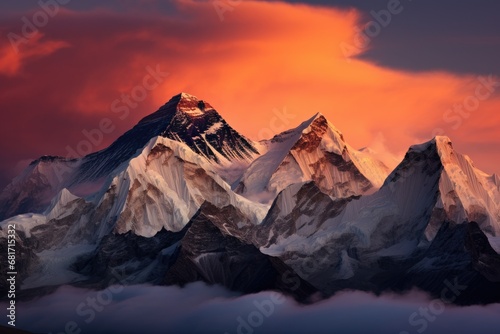 Beautiful sunset in the Himalayas. Sunrise in the mountains, Twilight sky over Mount Everest, Nuptse, Lhotse and Makalu, in the Nepal Himalaya, AI Generated