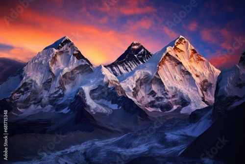 Mountain landscape at sunset. Himalayas, Nepal, Asia, Twilight sky over Mount Everest, Nuptse, Lhotse and Makalu, in the Nepal Himalaya, AI Generated © Iftikhar alam