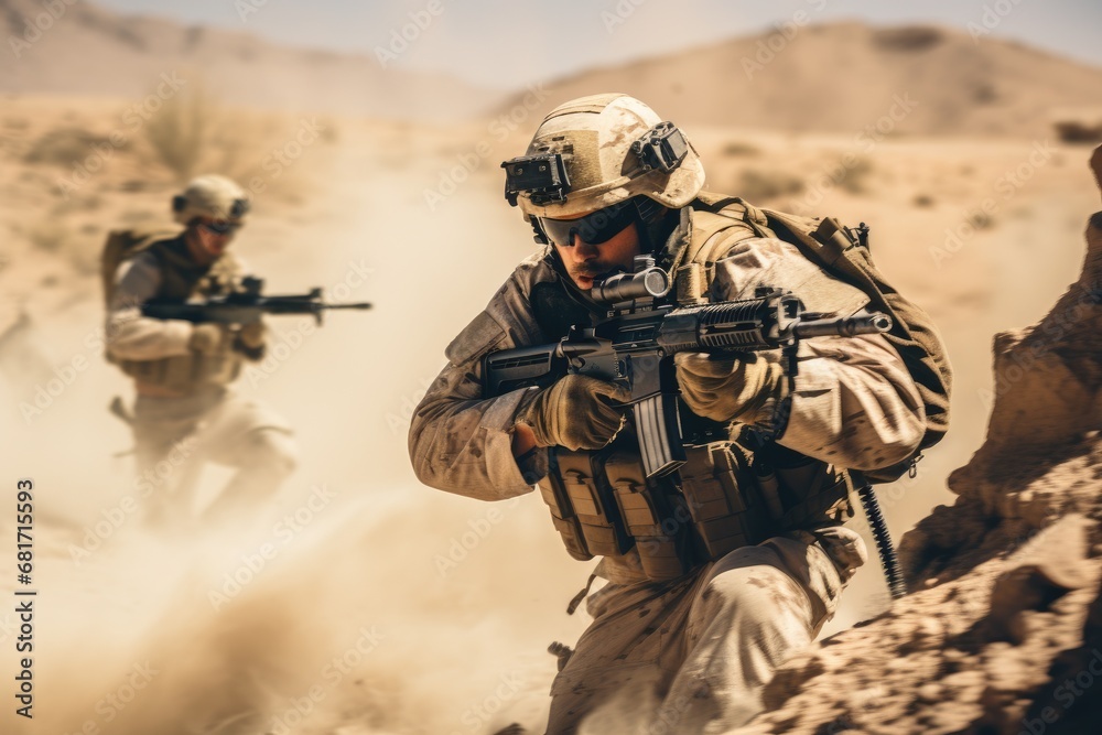United States Navy Special forces soldiers in action during a mission in the desert, United States Marine Corps Special forces soldiers in action during a desert mission, AI Generated United States Navy Special forces soldiers in action during a mission in the desert, United States Marine Corps Special forces soldiers in action during a desert mission, AI Generated
