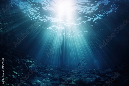 Underwater view of coral reef with sunbeams and rays of light  Underwater Sea  Deep Water Abyss With Blue Sun light  AI Generated