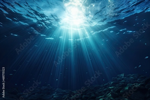 Underwater scene with sunbeams and rocks in blue sea  Underwater Sea  Deep Water Abyss With Blue Sun light  AI Generated