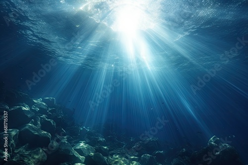 Underwater view of the sun rays breaking through the rocks under the sea, Underwater Sea, Deep Water Abyss With Blue Sun light, AI Generated photo
