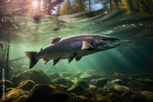Rainbow trout swimming in the water. This file is cleaned and retouched, Professional underwater shot of a salmon searching for food, AI Generated