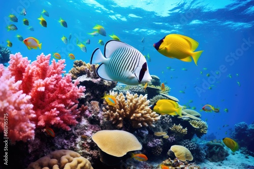 Beautiful coral reef with tropical fish in the Red Sea. Egypt, Underwater view of coral reef with fishes and a yellow butterflyfish, AI Generated