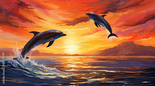 Playful dolphins leaping across the horizon, contrasting the fiery backdrop of sunset AI generative