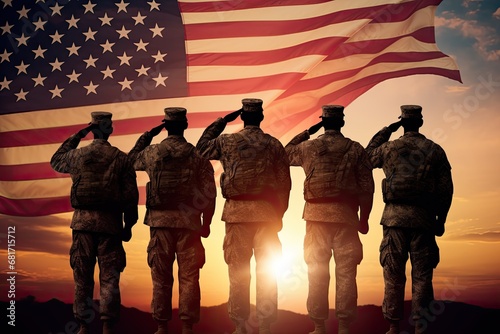 Silhouette of soldiers on the background of the American flag, USA army soldiers saluting on a background of sunset or sunrise and USA flag, AI Generated
