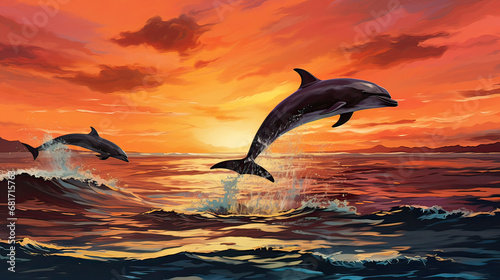 Playful dolphins leaping across the horizon, contrasting the fiery backdrop of sunset AI generative
