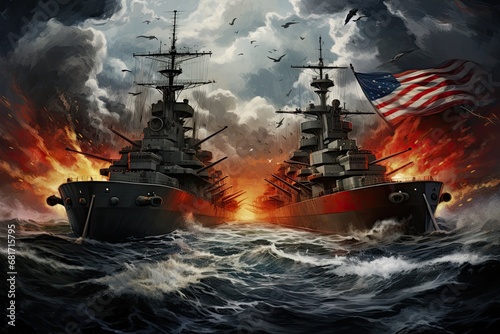 The battle of the American Navy. The battle of the American Navy, usA VS Russia war, AI Generated
