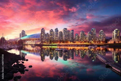 Vancouver, America downtown skyline at sunset from Stanley Park, Vancouver, America, Vancouver in Canada, AI Generated
