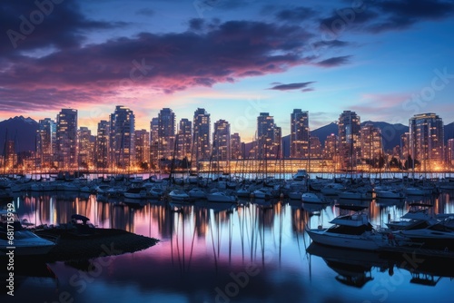 Hong Kong city at night, Hong Kong cityscape with harbor and boats, Vancouver in Canada, AI Generated