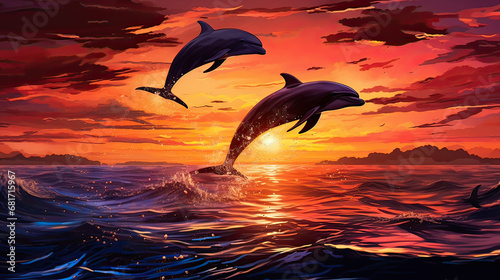 Playful dolphins leaping across the horizon, contrasting the fiery backdrop of sunset AI generative © SK
