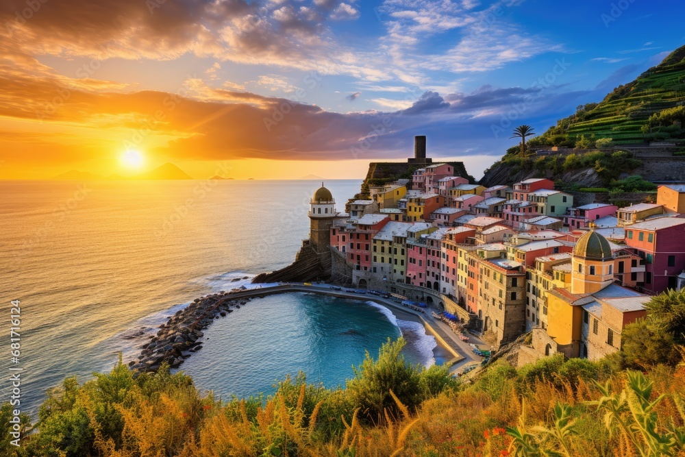 Sunset over Vernazza village in Cinque Terre, Italy, Vernazza village. Cinque Terre National Park, Italy, AI Generated