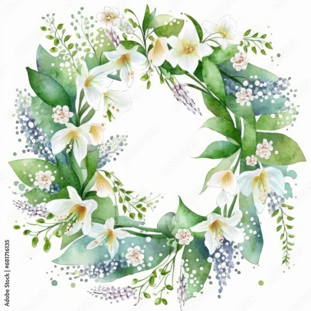 Watercolor wreath made with lily of the walley and leaves on whitebackground. Generative Ai.